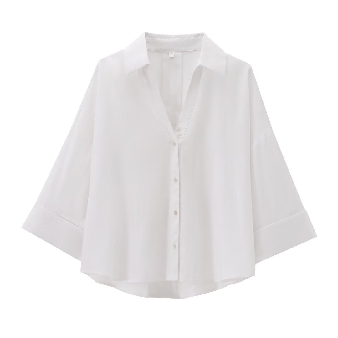 Damen Oversize Viskose-Hemdbluse mit dreiviertelärmeln und verlängertem Rückensaum Echo Archiv