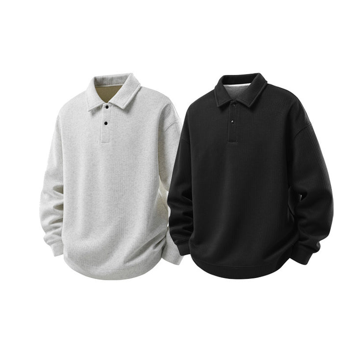 Herren Oversize Waffelstruktur-Polopullover mit halber Knopfleiste und gerippten Bündchen Echo Archiv