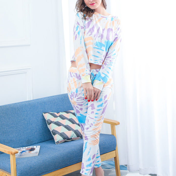 Damen Zweiteiliges Crop-Lounge-Set mit Batikprint, Oversize-Sweatshirt und Kordelbund-Jogger – Élanora