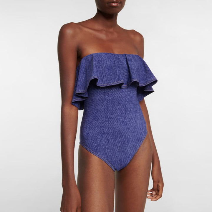Damen Bandeau Badeanzug mit dekorativen Schleifen und gestreiftem Maxiröckchen Echo Archiv