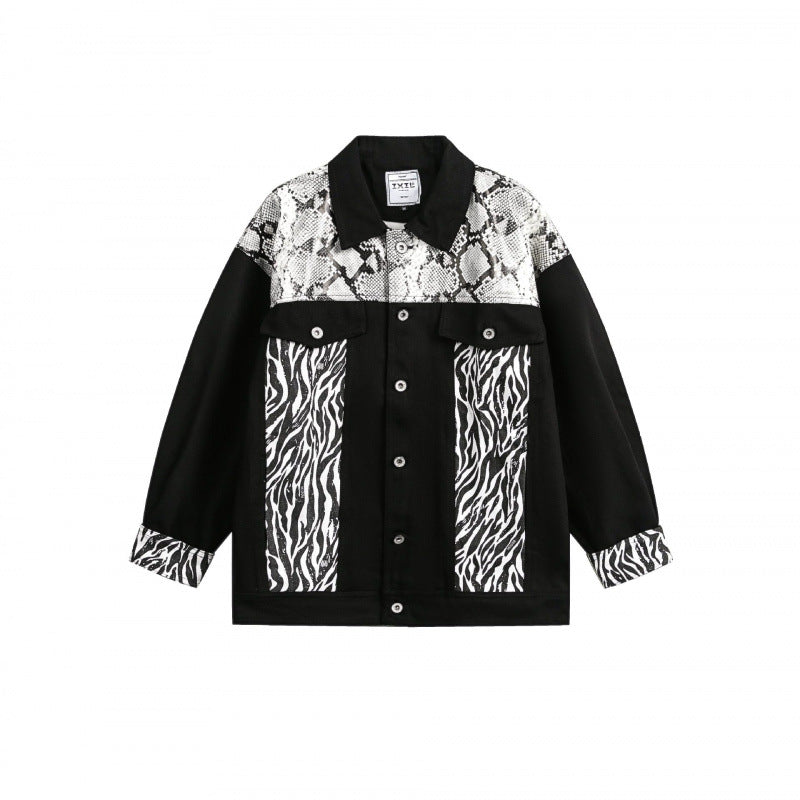 Damen Oversize-Jeansjacke im Patchwork-Tierprint mit Reverskragen und Pattentaschen Echo Archiv
