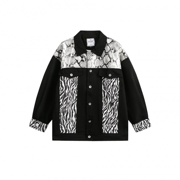 Damen Oversize-Jeansjacke im Patchwork-Tierprint mit Reverskragen und Pattentaschen Echo Archiv