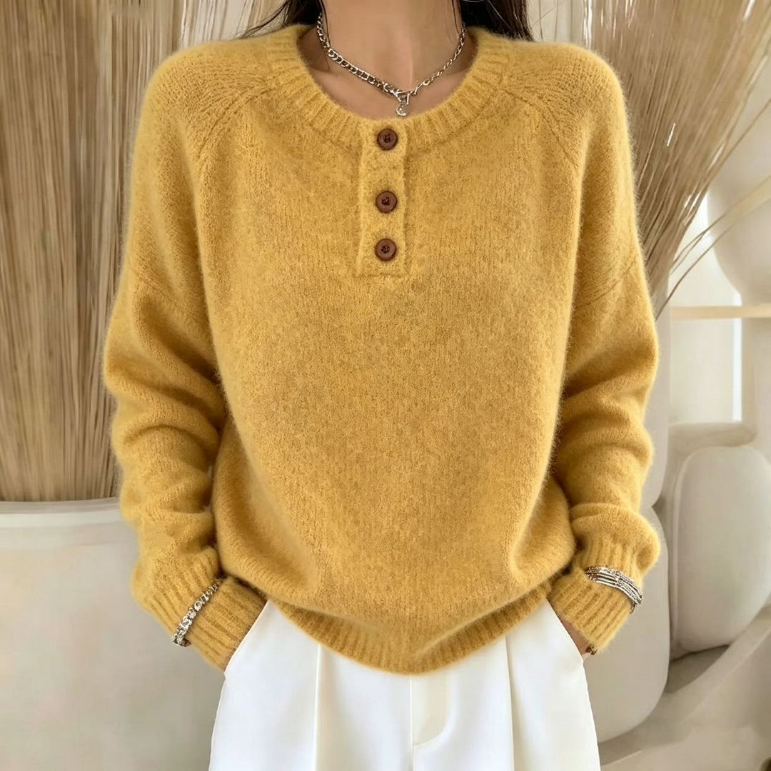 Damen Kuscheliger Rundhals-Henley-Pullover mit Knopfleiste und Raglanärmeln – Mavelle