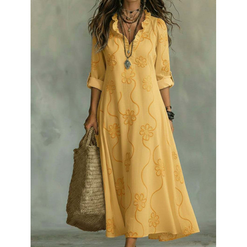 Damen Langes Boho-Maxikleid mit Blumenstickerei und V‑Ausschnitt Echoarchiv