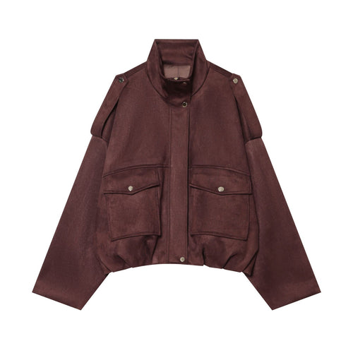 Damen kurzes Veloursblouson mit Stehkragen, Schulterpaspeln und aufgesetzten Klappentaschen – Célinea