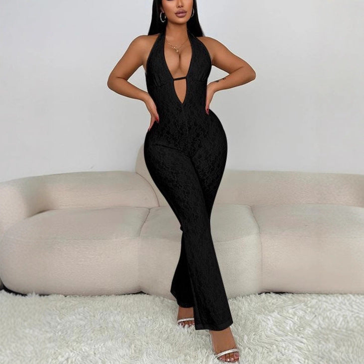 Damen eleganter Jumpsuit mit tiefem V-Ausschnitt und Spitzendetails Echo Archiv
