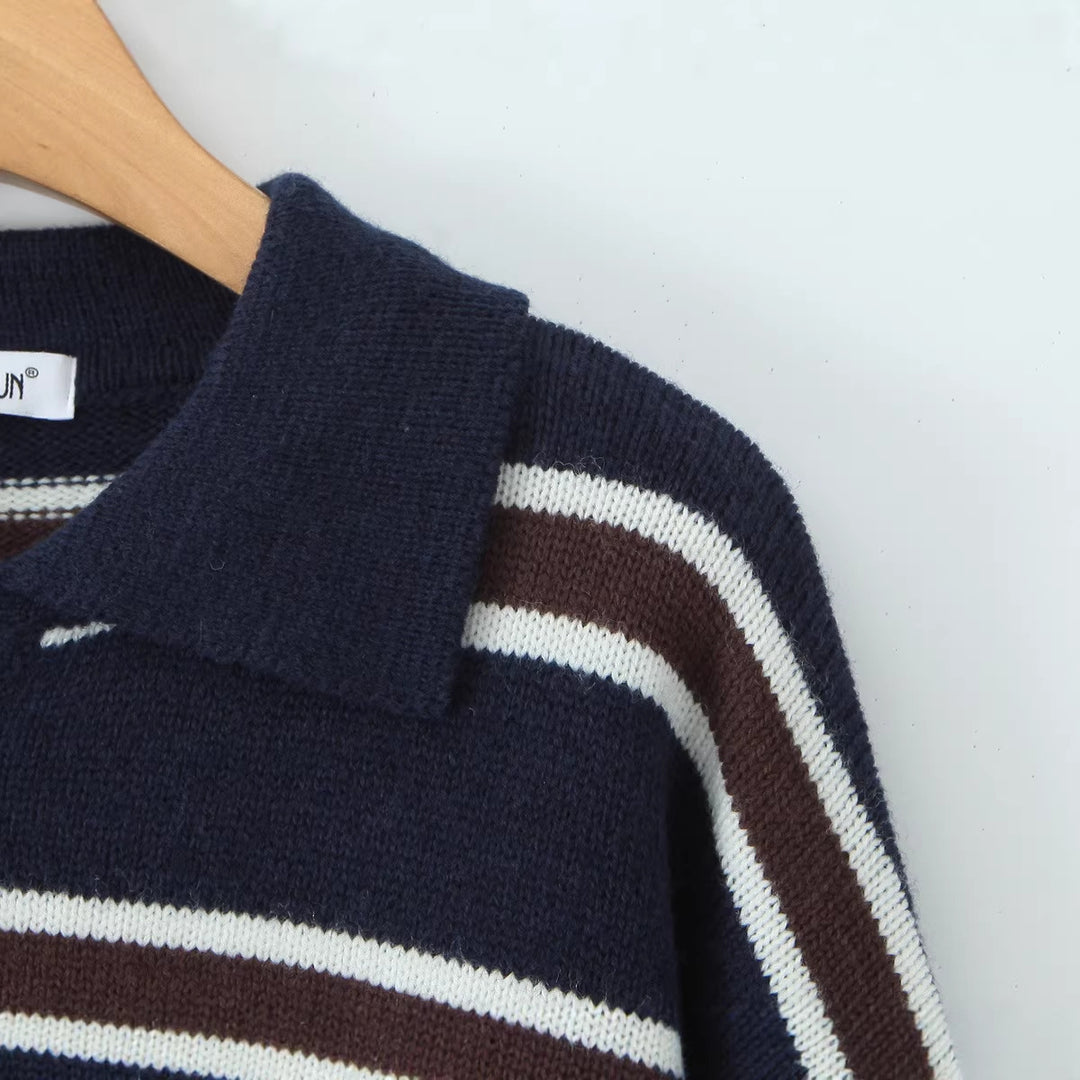 Damen Gestreifter Oversize-Strickpullover mit Polokragen und Rippbündchen Echoarchiv