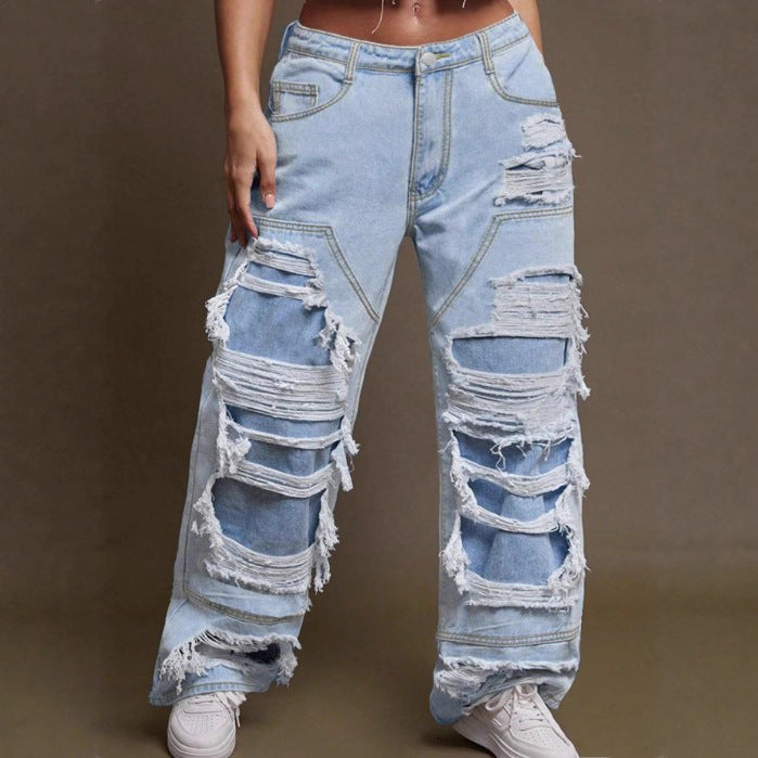 Damen Baggy-Denimhose mit extragroßen Destroyed‑Cutouts und weitem Bein Echo Archiv