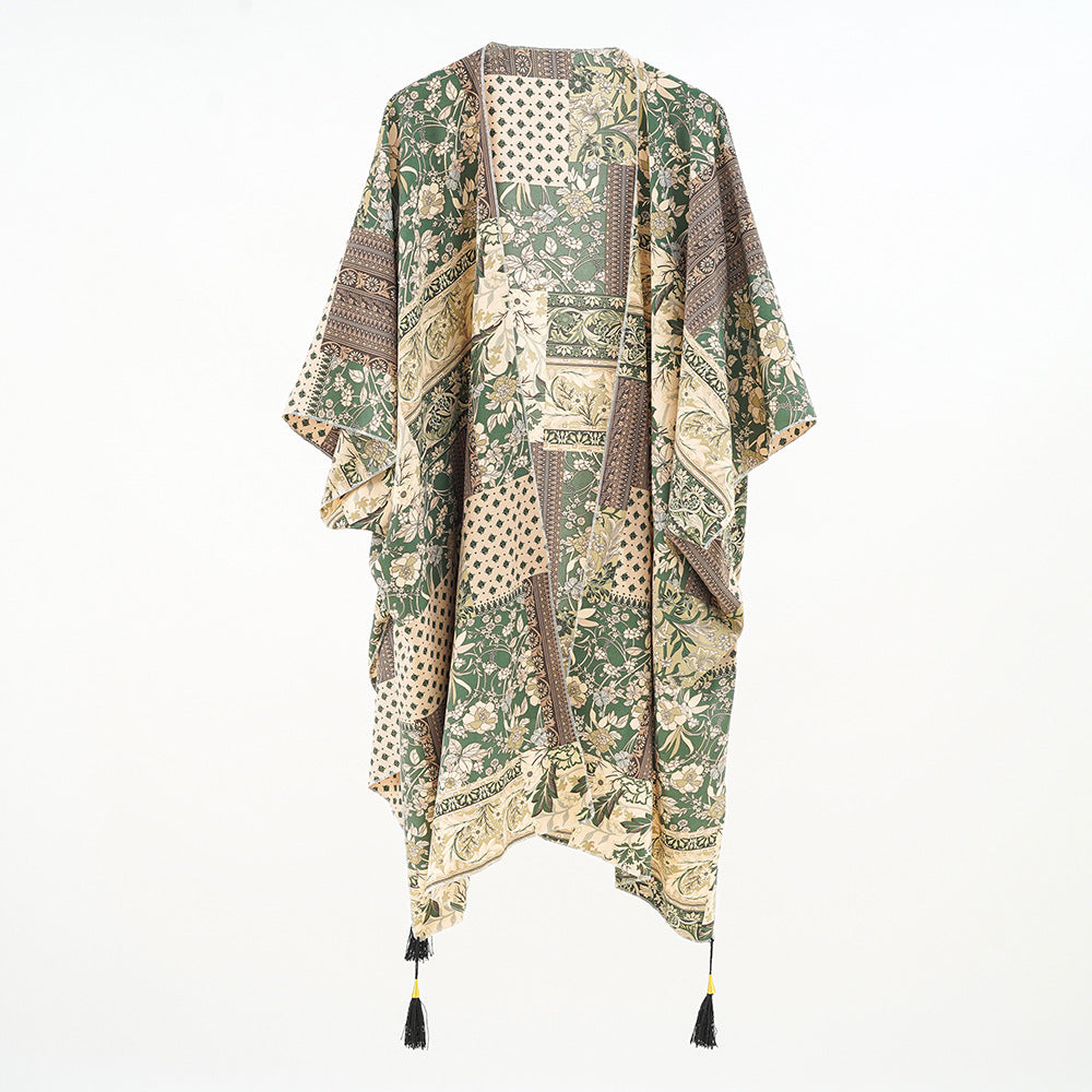 Damen Kaftan-Überwurf mit Patchwork-Blumenprint und Quasten – Avérine