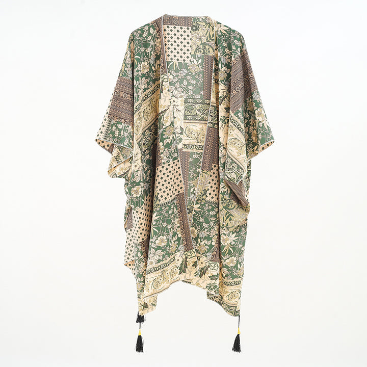 Damen Kaftan-Überwurf mit Patchwork-Blumenprint und Quasten – Avérine