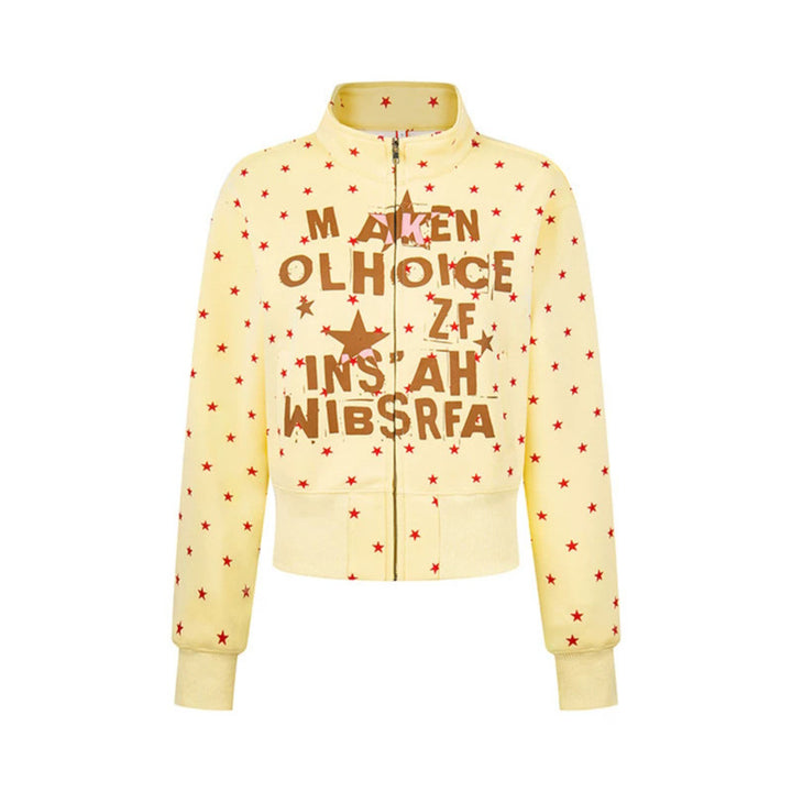 Damen Kurze Reißverschluss-Sweatjacke mit Stehkragen, Allover-Sternprint und Statement-Frontprint Echoarchiv