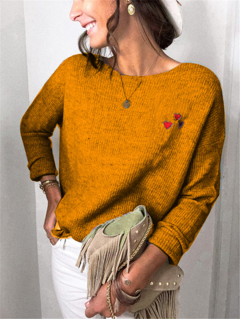 Damen Leichter Feinstrickpullover mit U-Boot-Ausschnitt, lockerem Sitz und Herzstickerei Echoarchiv
