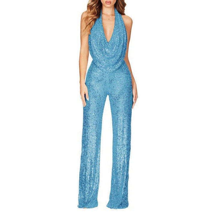 Damen Glitzerndes Jumpsuit mit tiefem V-Ausschnitt und weitem Bein Echoarchiv
