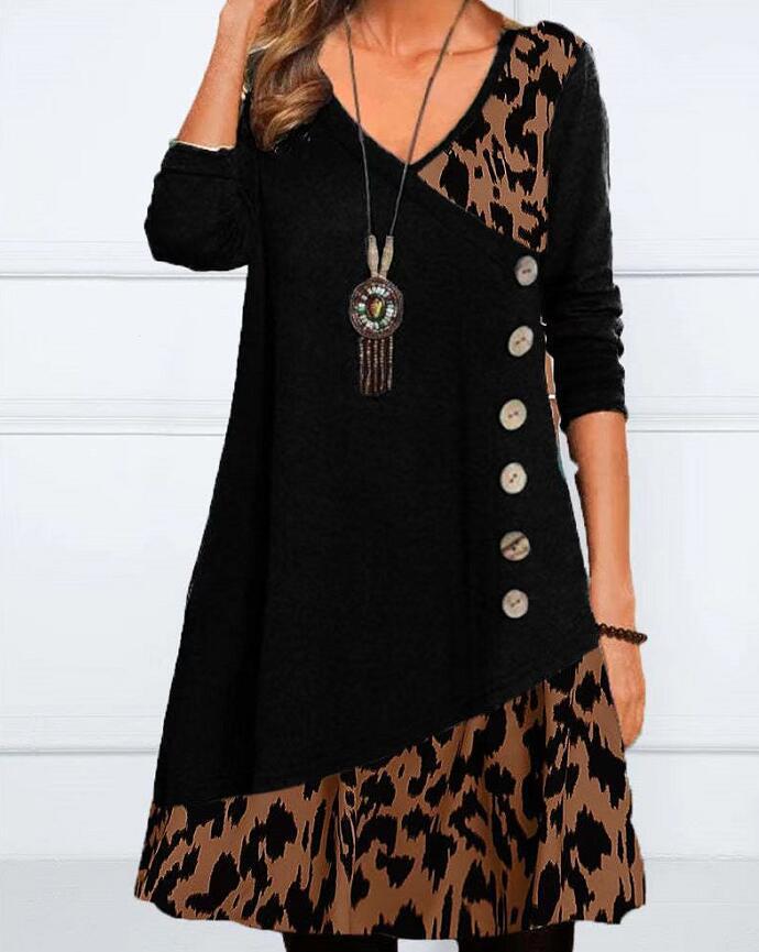 Damen nan asymmetrisches V-Ausschnitt-Tunika-Kleid mit Zierknopfleiste und Animalprint-Besatz Echo Archiv
