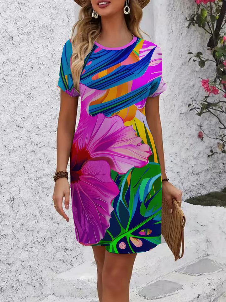Damen lässiges T-Shirt Kleid mit buntem Blumenmuster und bequemem Schnitt Echo Archiv