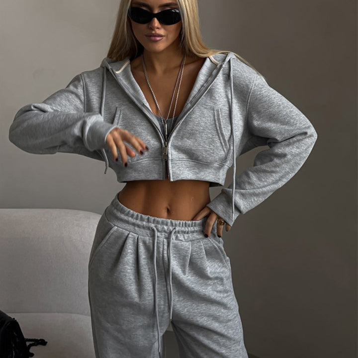 Damen cropped Reißverschluss-Kapuzenpullover mit hohem Bund Palazzo-Jogger Set – Auréline