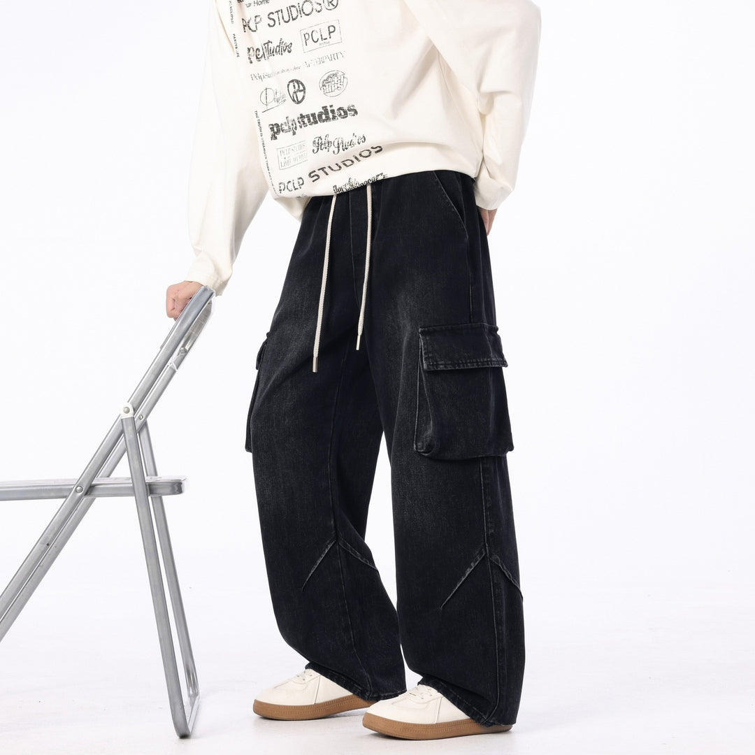 Herren Weite Cargo-Denimhose mit Tunnelzug, Used‑Waschung und Oversize‑Passform Echo Archiv