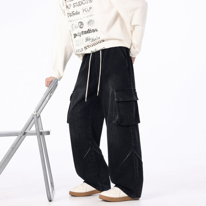 Herren Weite Cargo-Denimhose mit Tunnelzug, Used‑Waschung und Oversize‑Passform Echo Archiv