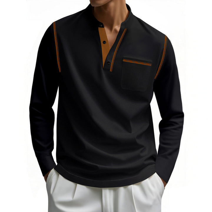 Herren nan Henley-Langarmshirt mit Stehkragen, Brusttasche und kontrastierenden Ziernähten Echo Archiv
