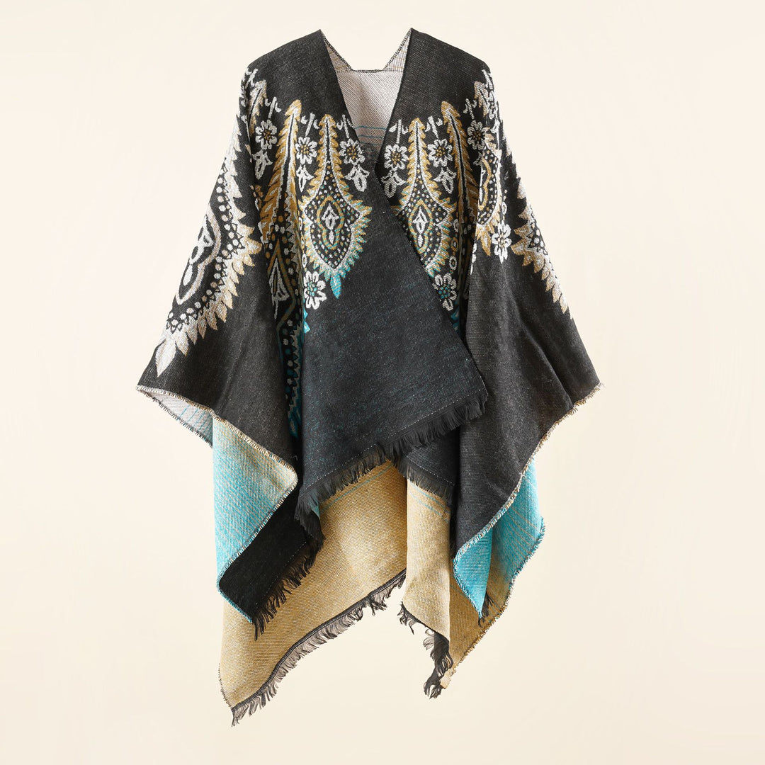 Damen Reversibler Jacquard-Wickelponcho im Oversize-Kaftan mit Fransensaum Echo Archiv