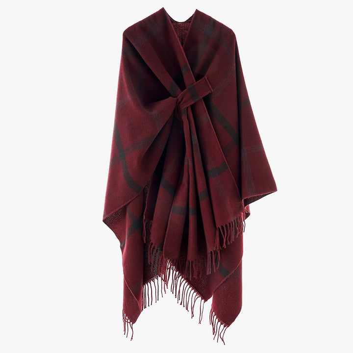 Damen Oversize-Capeponcho aus Wollmix mit Bindegürtel, Fransen und großem Karomuster Echo Archiv