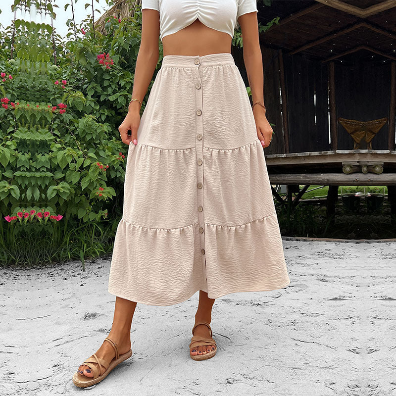 Damen Stufen-Midirock mit durchgehender Knopfleiste und hohem Bund – Rosévia