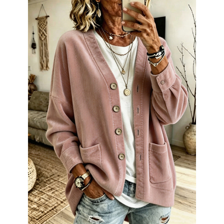 Damen Oversized Cord-Cardigan mit aufgesetzten Taschen und Holzknöpfen Echo Archiv