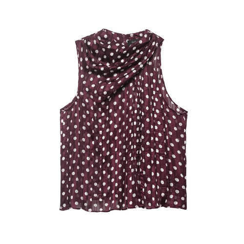 Damen Ärmellose plissierte Chiffonbluse mit Tupfenmuster und Wasserfallkragen Echoarchiv
