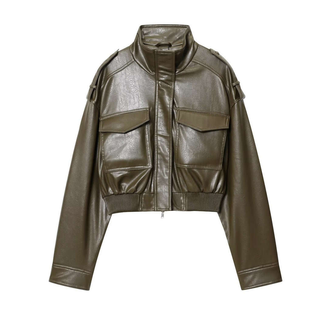 Damen Kurz geschnittene Blousonjacke aus Veganleder mit Schulterklappen und Pattentaschen Echo Archiv