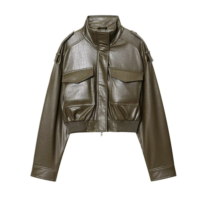 Damen Kurz geschnittene Blousonjacke aus Veganleder mit Schulterklappen und Pattentaschen Echo Archiv
