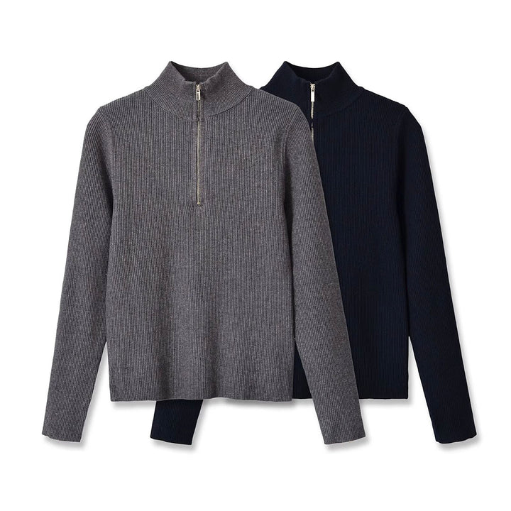 Damen Gerippter Halbzip-Strickpullover mit Stehkragen Echoarchiv