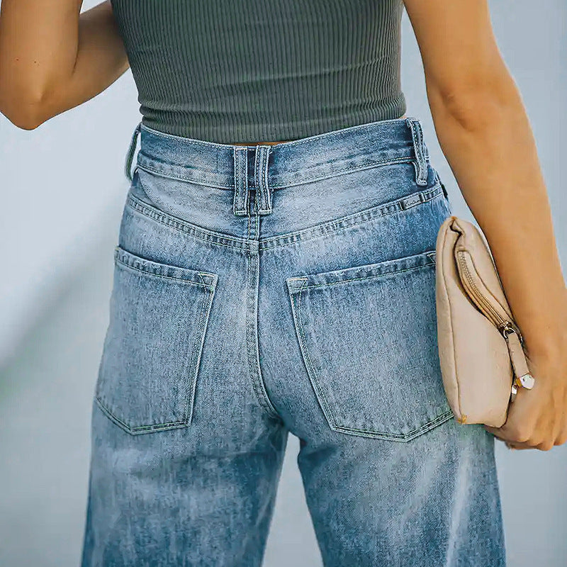 Damen Hochtaillierte weite Straight-Leg-Jeans mit Destroyed-Details Echo Archiv