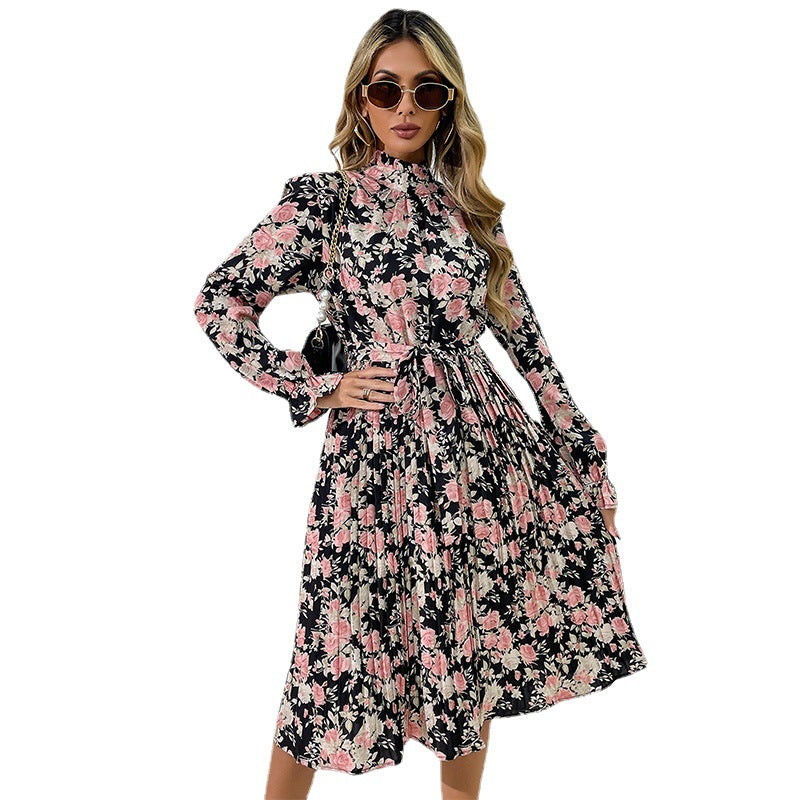 Damen Midikleid mit Blumenprint, Plissée‑Rock, Stehkragen und Bindegürtel Echoarchiv