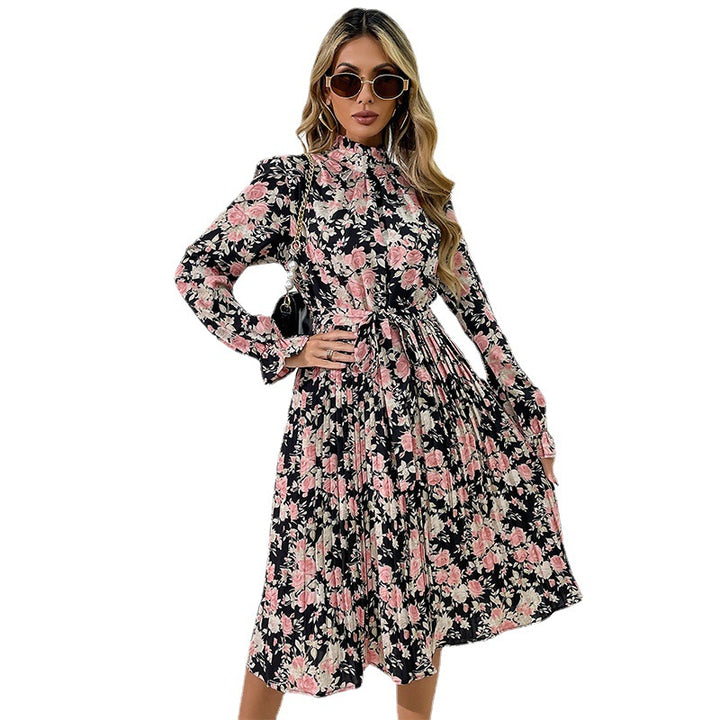 Damen Midikleid mit Blumenprint, Plissée‑Rock, Stehkragen und Bindegürtel Echoarchiv