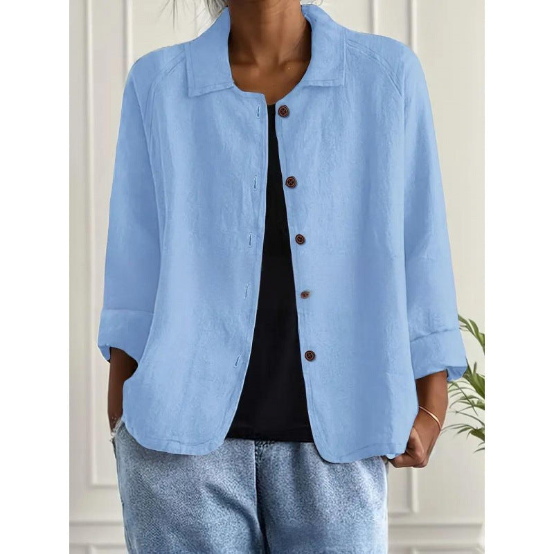 Damen Leichte Leinenoptik-Bluse mit lockerer Passform, 3/4-Ärmeln und Knopfleiste – Élovi