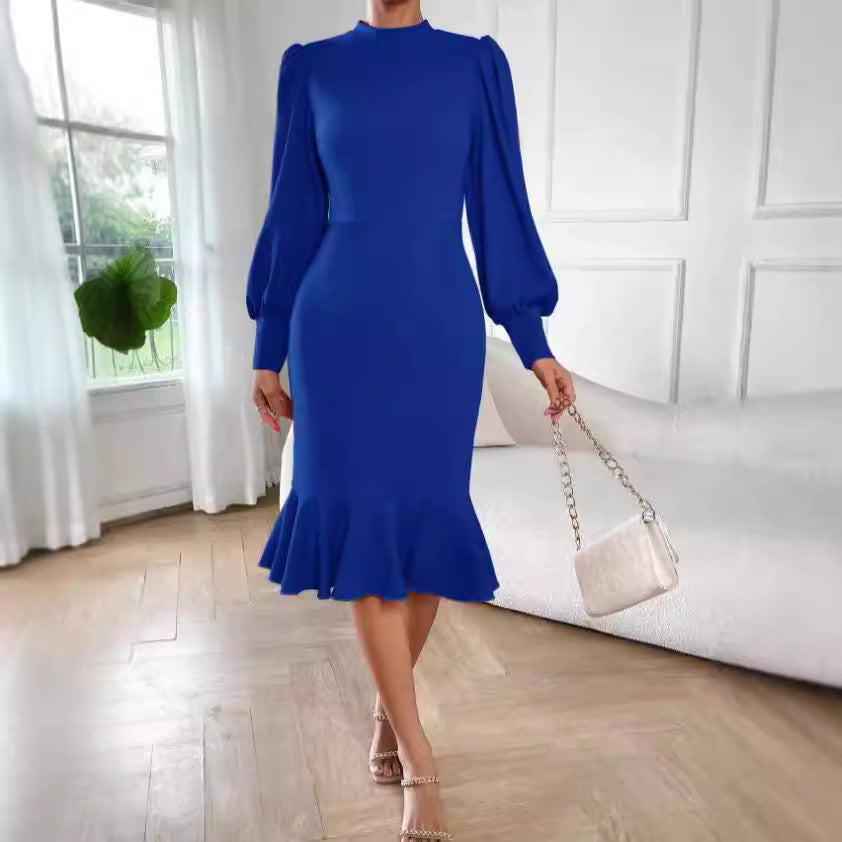 Damen tailliertes Pencil-Midikleid mit Stehkragen, ballonärmeln und Glockenvolant – Élara
