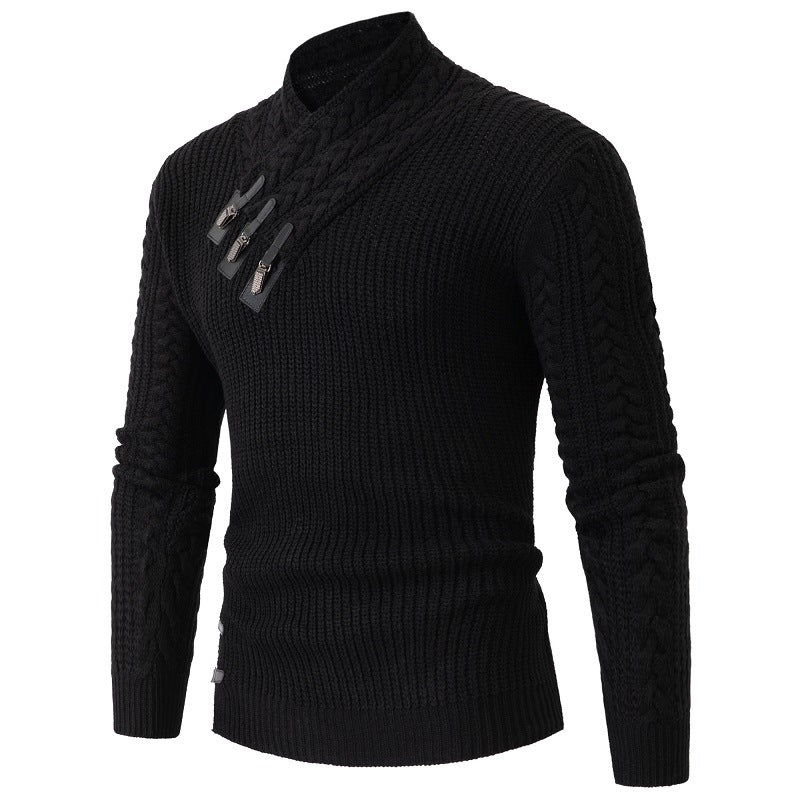 Herren nan Strickpullover mit Schalkragen, Zopfmuster und markanten Schnallenverschlüssen Echo Archiv
