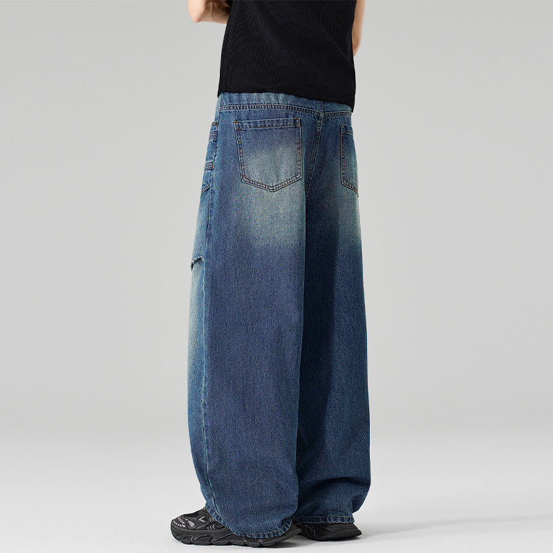 Damen Extraweite Denim-Palazzo-Hose mit aufgesetzten Vorderpanelen und Used-Waschung Echo Archiv