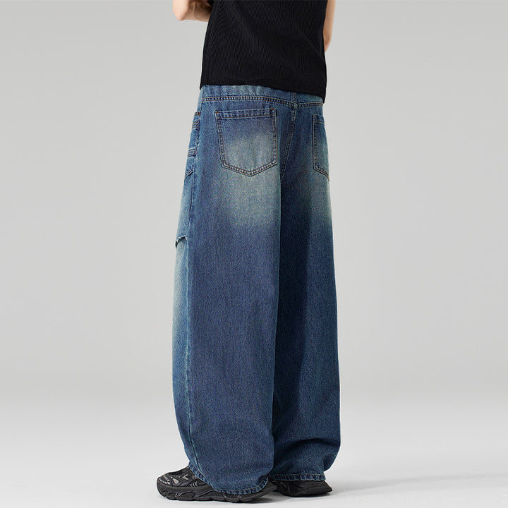 Damen Extraweite Denim-Palazzo-Hose mit aufgesetzten Vorderpanelen und Used-Waschung Echo Archiv