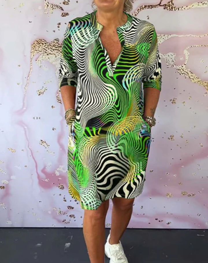 Damen Midi Kleid mit psychedelischem Allover-Druck V-Ausschnitt und lässigem Shift-Schnitt Echoarchiv