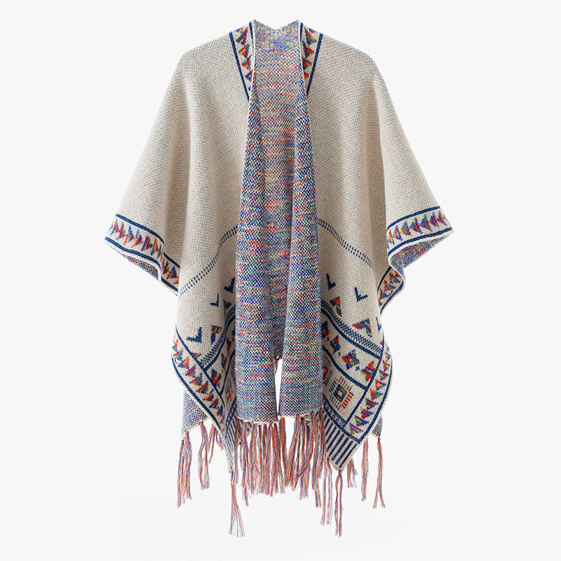 Damen Grobstrick-Poncho mit eingewebter Ethno‑Bordüre und Fransen Echo Archiv
