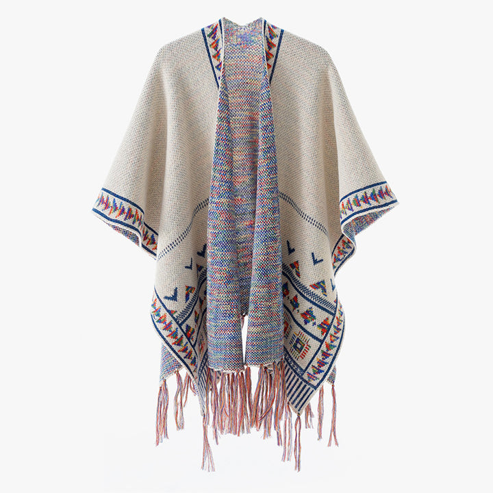 Damen Grobstrick-Poncho mit eingewebter Ethno‑Bordüre und Fransen Echo Archiv