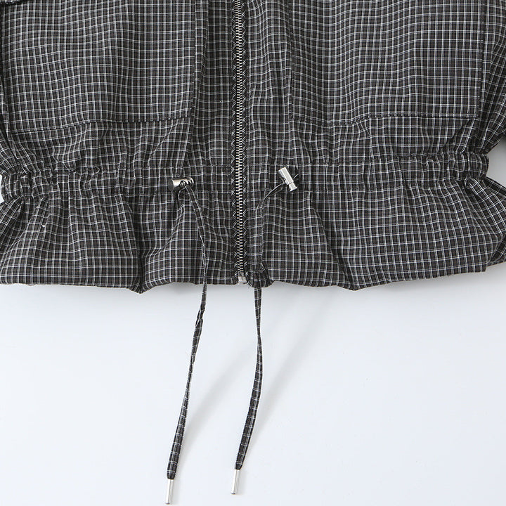 Damen Kurzjacke im karierten Utility-Bomber mit hohem Stehkragen und Kordelzug-Taille Echoarchiv