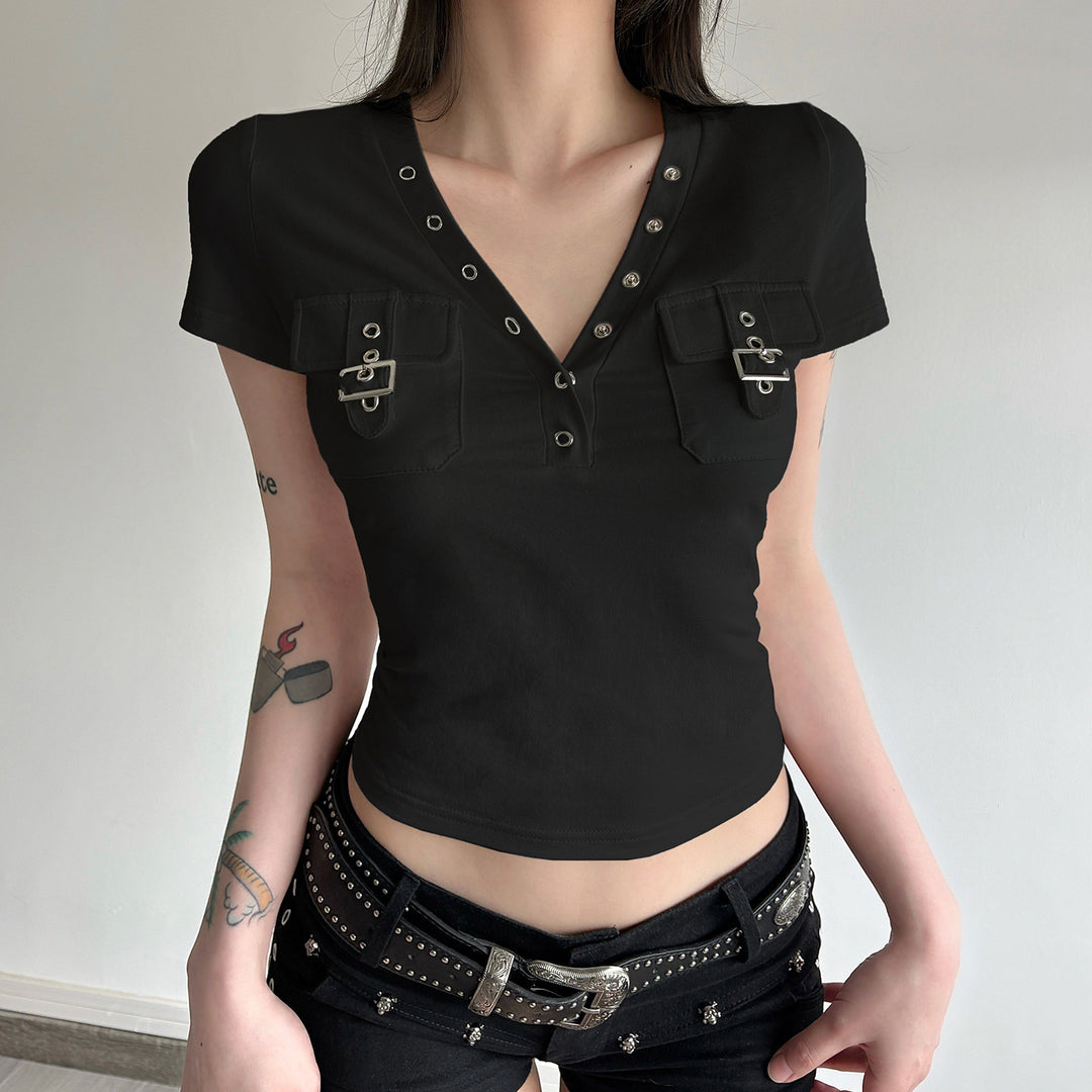 Damen Kurzarm Shirt mit dekorativem V-Ausschnitt und praktischem Taschen-Design Echo Archiv