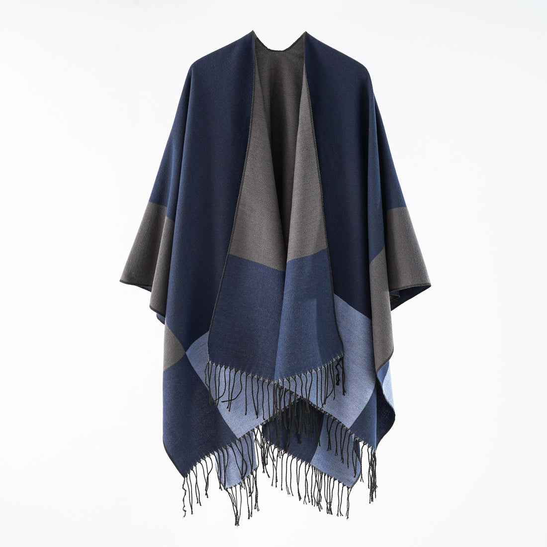 Damen eleganter Wollmix-Capeponcho mit grafischem Blockmuster und Fransen – Avérine