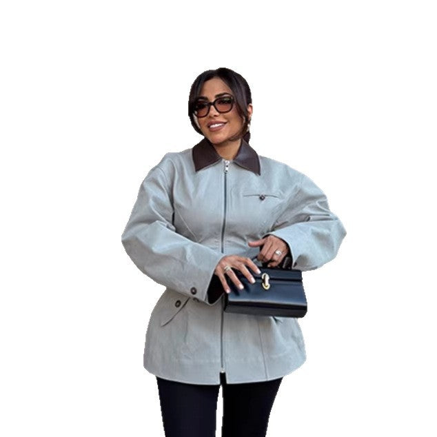 Damen Oversize-Jacke aus Lederoptik mit kontrastierendem Hemdkragen und Reißverschluss Echo Archiv