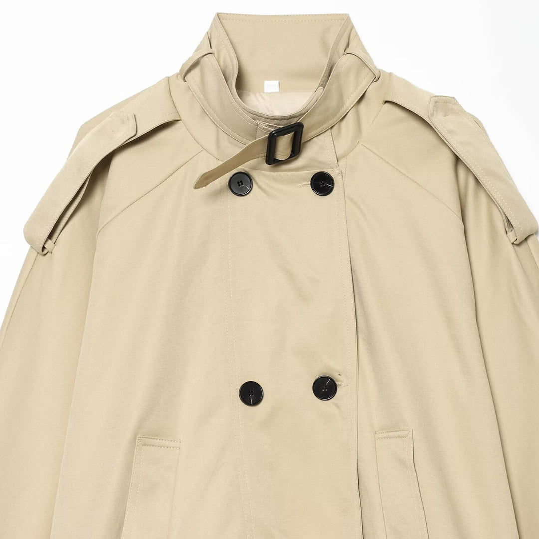 Damen Kurze Trench‑Capejacke mit Stehkragen und doppelreihiger Knopfleiste Echoarchiv