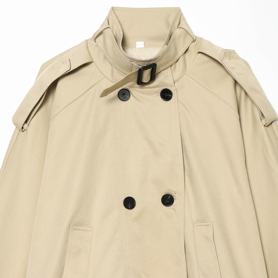 Damen Kurze Trench‑Capejacke mit Stehkragen und doppelreihiger Knopfleiste Echoarchiv