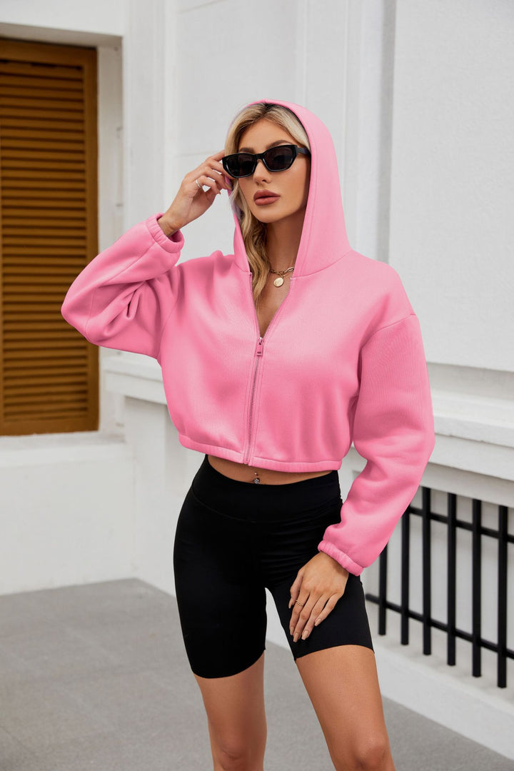 Damen Cropped Kapuzenjacke mit durchgehendem Reißverschluss und oversized Ärmeln Echo Archiv