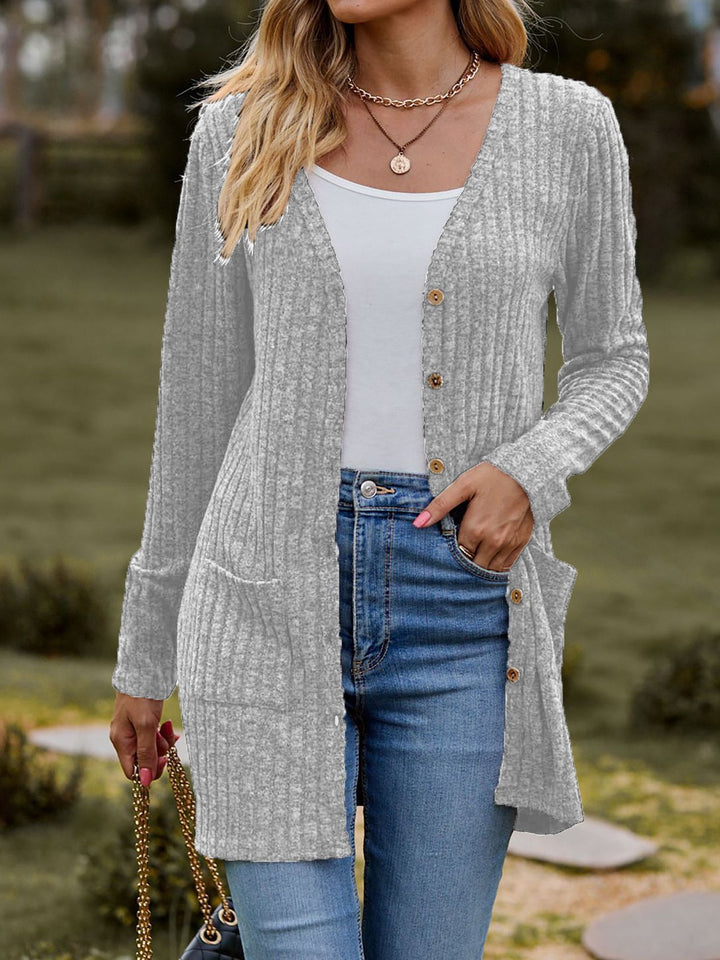 Damen nan langer gerippter Strickcardigan mit Eingrifftaschen und Holzknöpfen Echo Archiv